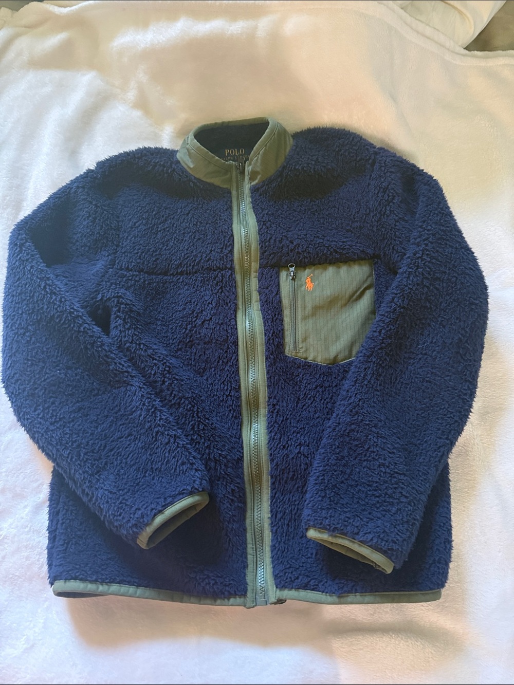 Polo by Ralph Lauren Navy Sherpa Jacket with Olive Trim